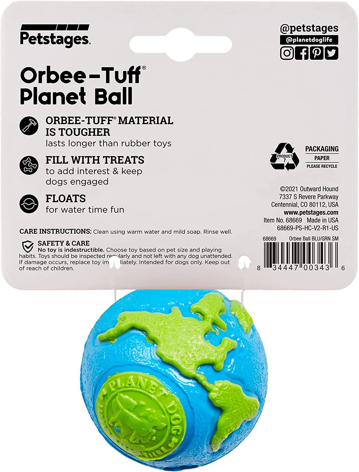 Orbee-Tuff Planet Ball Blue/Green Treat-Dispensing Dog Toy, Small